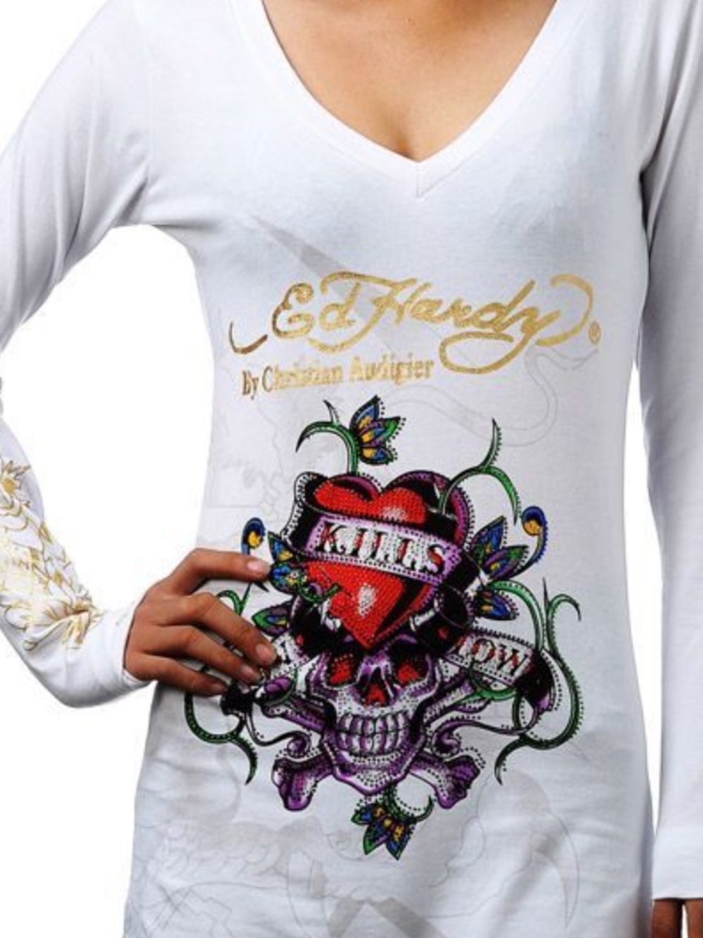 Ed Hardy White Long Sleeve Graphic Tee with Multicolor Heart Skull Design sizeXL